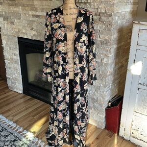 Peach Love black floral full length open front kimono duster bell sleeve festiva
